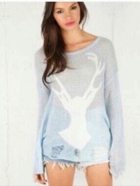 Wildfox white label distressed deer sweater-Light Blue O/S